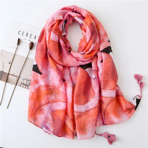 Flamingo Print Cotton Linen Scarf With Tassels Lightweight Summer Beach Shawl Sun Protection Soft Wrap For Women