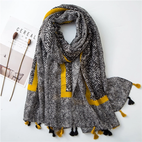 Sciarpa Scialle Da Donna In Morbida Viscosa Motivo Spina Di Pesce E Pois Con Nappe Protezione Solare Accessorio Moda