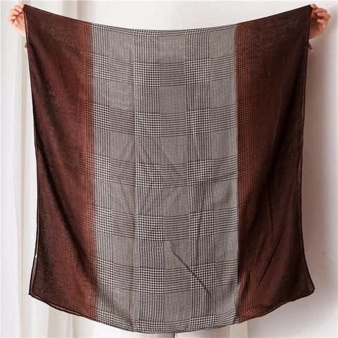 Women Large Shawl Scarf Houndstooth Pattern Gradient Patchwork Thin Breathable Soft Cotton Linen Feel Versatile Elegant
