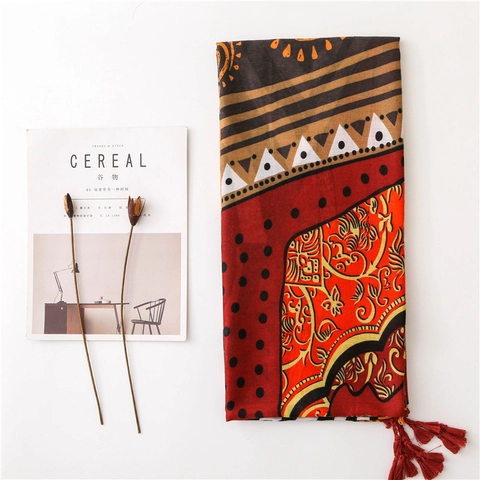 Sciarpa Scialle Con Stampa Etnica Per Donna Modello Totem Bohemien Cotone Lino Avvolgente Lungo Con Nappine