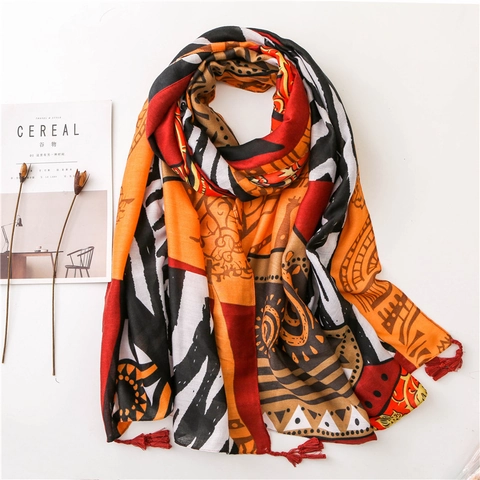 Sciarpa Scialle Con Stampa Etnica Per Donna Modello Totem Bohemien Cotone Lino Avvolgente Lungo Con Nappine