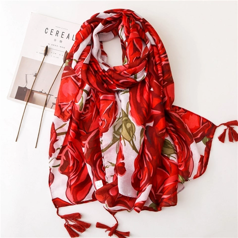 Scialle Stampa Fiori Rosa Rossa Cotone Lino Leggero Con Nappe Protezione Solare Avvolge La Spiaggia Per Le Donne Elegante