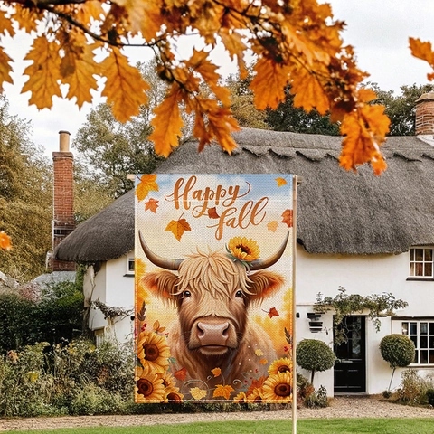 Herfst Tuinvlag Polyester Dubbelzijdig Welcome Fall Thanksgiving Buiten Tuin Decoratie Hooglandkoe Pompoen Patroon