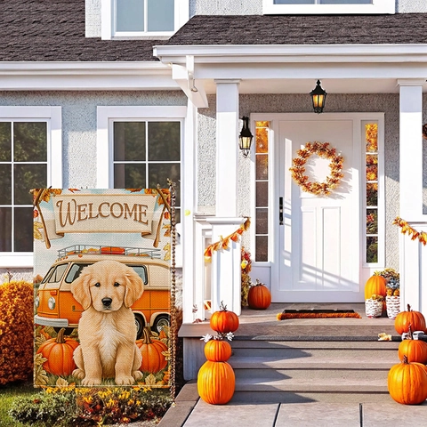 Herfst Tuinvlag Polyester Dubbelzijdig Welcome Fall Thanksgiving Buiten Tuin Decoratie Hooglandkoe Pompoen Patroon