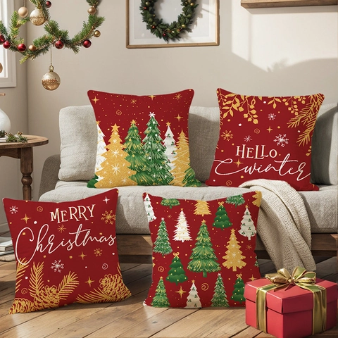 Christmas Pillow Covers Polyester Printed Decorative Cushion Case For Sofa Home Decor Festive Red Holiday Pattern