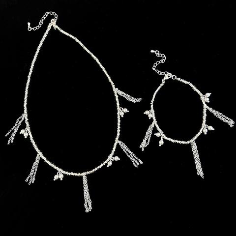 Moda Collana E Bracciale Con Nappine Rame Placcato Argento Con Perla Artificial Finta Girocollo Di Lusso Per Le Donne