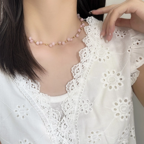 Pink Natural Stone Beaded Necklace And Bracelet Elegant Double Layer Round Gemstone Gold Plated Jewelry For Women