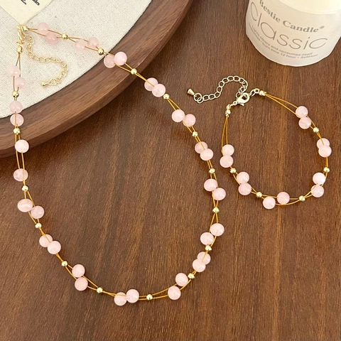Pink Natural Stone Beaded Necklace And Bracelet Elegant Double Layer Round Gemstone Gold Plated Jewelry For Women