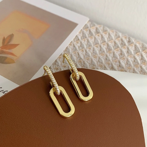 Minimalistische Geometrische Doppelschleife Kette Ohrstecker Für Damen Glänzende Strass Eingelegt Gold Silber Galvanisiert Legierung Glied Ohrringe Schmuck
