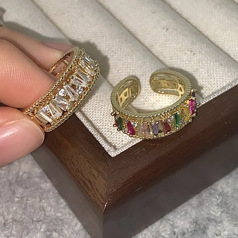 Bunter Zirkonia Ring Kupfer Verstellbar Regenbogen Baguette Schliff Perlenrand Leicht Luxus Schmuck Für Damen