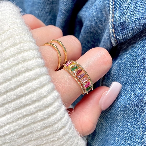 Bunter Zirkonia Ring Kupfer Verstellbar Regenbogen Baguette Schliff Perlenrand Leicht Luxus Schmuck Für Damen