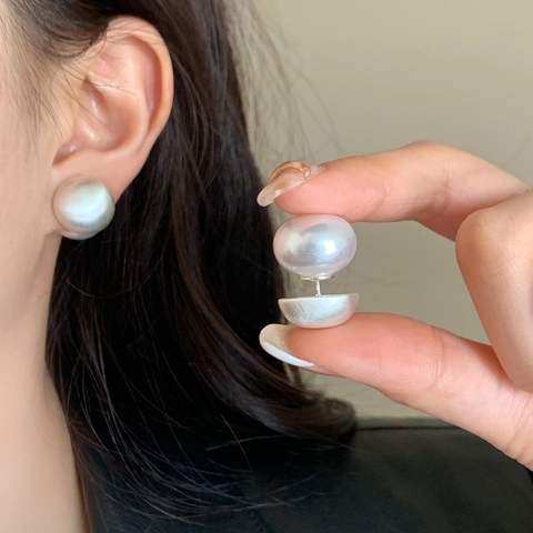 Orecchini A Bottone Doppia Faccia Vintage Francese Perla Artificial Di Conchiglia Metallo Spazzolato Gioielli Geometrici Donna