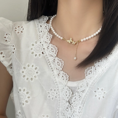 Collana Perle Farfalla Perle D Acqua Dolce Naturali Con Ciondolo In Rame Placcato Oro Zircone Per Donne Dolce Elegante