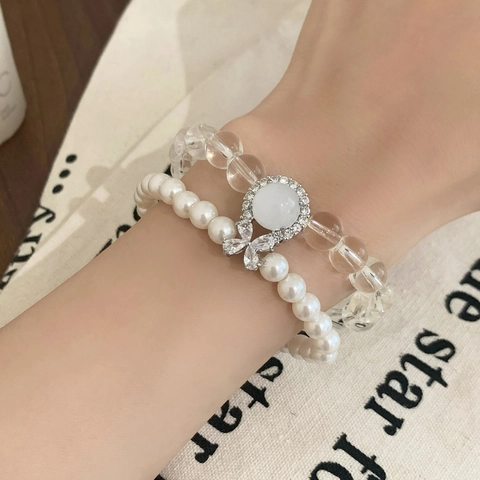 Elegant Double Layer Beaded Bracelet With Artificial Pearl And Glass Beads Zircon Bow Knot Pendant For Women