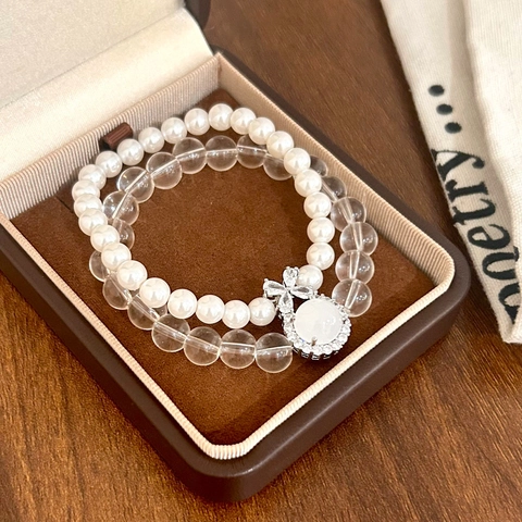 Elegant Double Layer Beaded Bracelet With Artificial Pearl And Glass Beads Zircon Bow Knot Pendant For Women