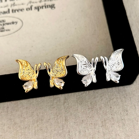 Butterfly Stud Earrings With Water Drop Zircon Delicate Copper Plated Jewelry For Women Elegant Fashion Shiny Accessory