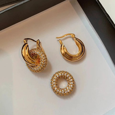 Elegant Geometric Double Intertwined Circle Drop Earrings For Women With Gold Plated Copper And Sparkling Zircon