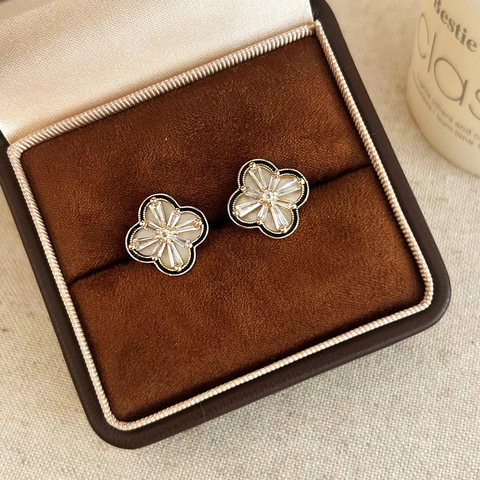 Four Leaf Clover Stud Earrings Copper 14k Gold Plated Zircon Enamel Mother Of Artificial Pearl Flower Vintage Luxury For Women