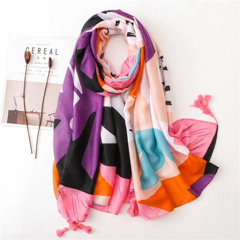 Sciarpa Scialle Da Donna Stile Etnico Bohémien Misto Cotone Lino Poliestere Stampa Monstera Astratta Nappe Rosa