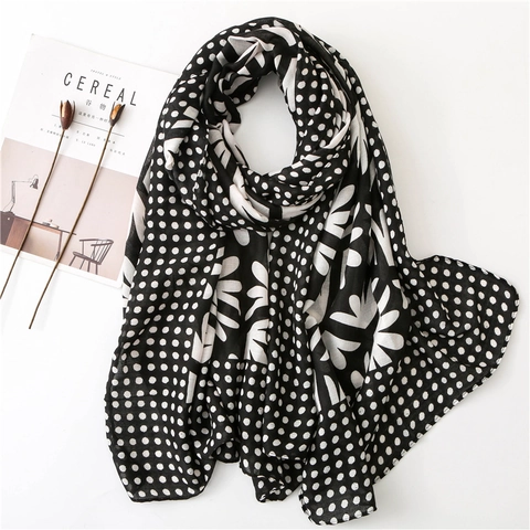 Sciarpa Lunga Da Donna Scialle Misto Cotone Stampa A Pois E Fiori Bianco E Nero Leggero Accessorio Di Moda Versatile