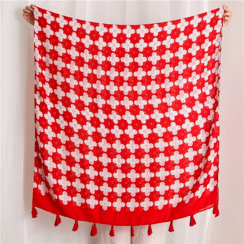 Damen Schal Mit Blumenmuster Baumwolle Leinen Haptik Großer Schal Sonnenschutz Strandtuch Mit Quasten Leichtes Weiches Accessoire