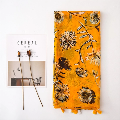 Dames Sjaal Met Bloemenprint Chiffon Polyester Met Kwastjes Frisse Artistieke Stijl Veelzijdige Zonbescherming