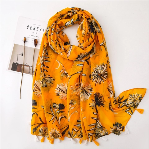 Dames Sjaal Met Bloemenprint Chiffon Polyester Met Kwastjes Frisse Artistieke Stijl Veelzijdige Zonbescherming