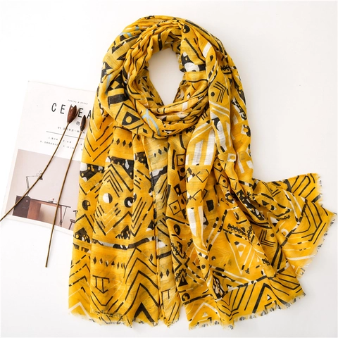 Women Bohemian Geometric Cotton Linen Scarf Shawl Lightweight Sun Protection Beach Wrap Large Print Pashmina With Tassel Fringe