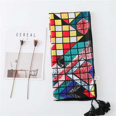 Sciarpa Scialle Etnico Retro Donna Grande Stampa Geometrica Nappine Raso Cotone Sensazione Lino Protezione Solare Spiaggia
