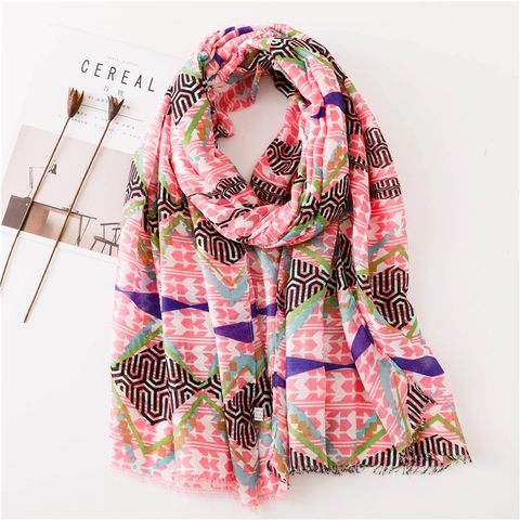 Sciarpa Donna Motivo Geometrico Scialle Solare Voile Leggero Bordo Sfrangiato Copricostume Spiaggia Accessorio Boho