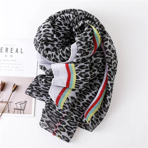 Leopard Print Plissee Schal Damen Regenbogen Streifen Sonnenschutz Baumwolle Voile Strand Tuch Reise Mode Wrap