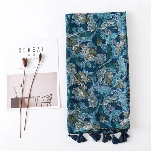 Long Shawl Scarf Cotton Linen Feel Leaf Print Ethnic Tassel Sun Protection Beach Travel Wrap For Women