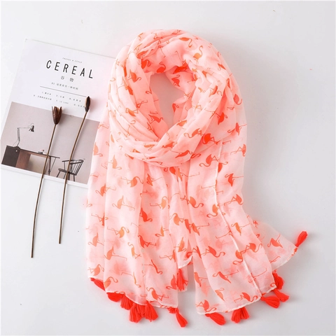 Flamingo Print Scarf Lightweight Voile Shawl With Tassels Beach Sunscreen Decorative Accessory For Women