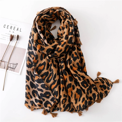 Sciarpa Leopardata Misto Cotone Scialle Pashmina Avvolgenti Lunghi Con Nappe Per Donna Moda Inverno Autunno Accessorio