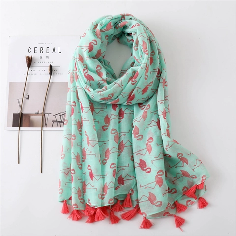 Flamingo Print Scarf Lightweight Voile Shawl With Tassels Beach Sunscreen Decorative Accessory For Women