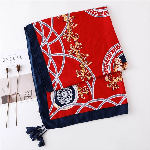 Écharpe Châle Femme Style Palais Rétro Satin De Twill Soyeux Imprimé Lion Baroque Color Block Luxe Wrap À Glands