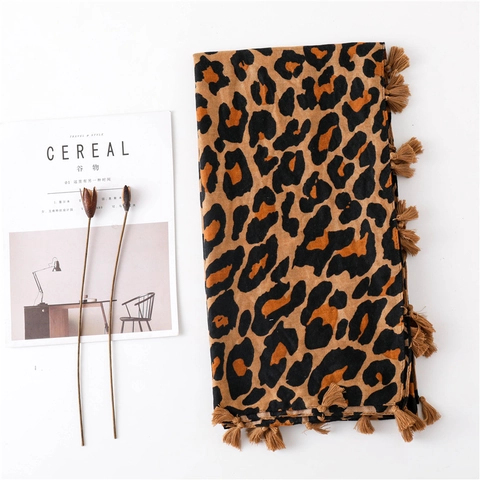 Sciarpa Leopardata Misto Cotone Scialle Pashmina Avvolgenti Lunghi Con Nappe Per Donna Moda Inverno Autunno Accessorio