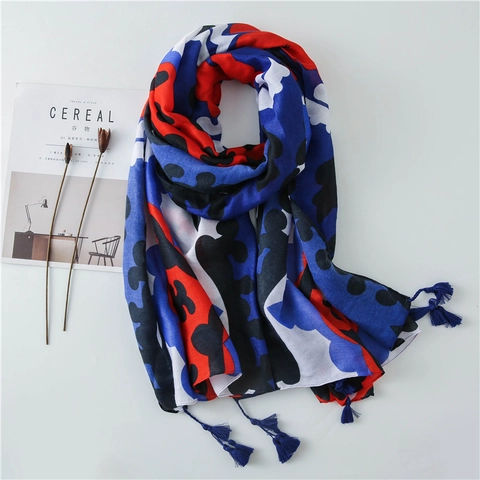 Sciarpa Scialle Lungo Donna Raso Di Cotone Stampa Geometrica Astratta Frange Morbido Caldo Accessorio Moda