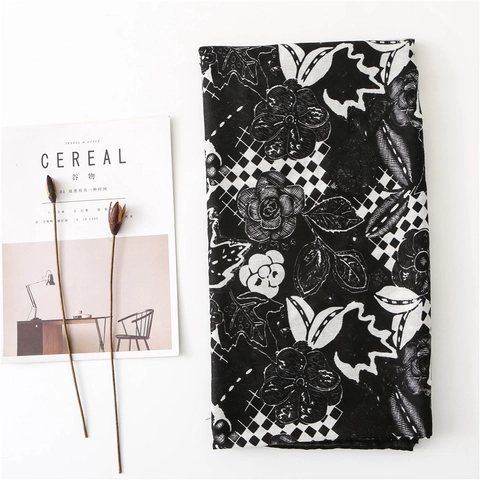 Floral Print Scarf Shawl Satin Cotton Black And White Checkerboard Pattern Lightweight Elegant Artistic Women Accessories
