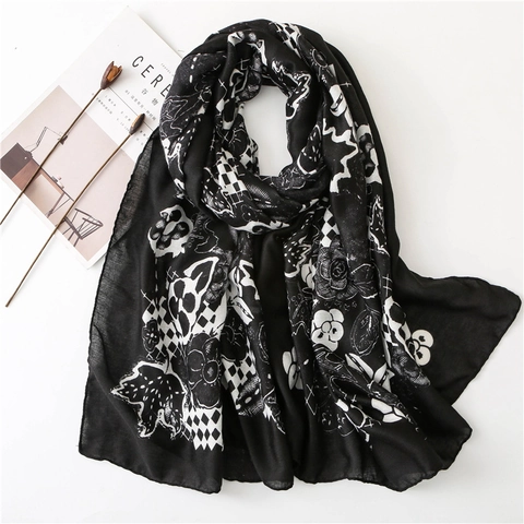 Floral Print Scarf Shawl Satin Cotton Black And White Checkerboard Pattern Lightweight Elegant Artistic Women Accessories