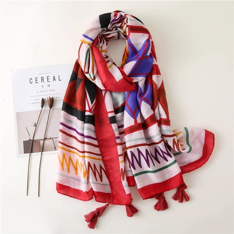 Bohemian Ethnic Geometric Print Scarf Shawl Polyester Tassel Fringe Beach Sun Protection Long Wrap For Women