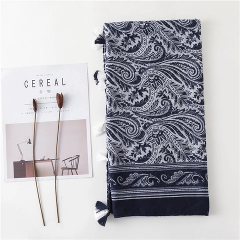 Paisley Printed Scarf Shawl Ethnic Style Tassel Fringe Lightweight Breathable Polyester Voile Wrap For Women