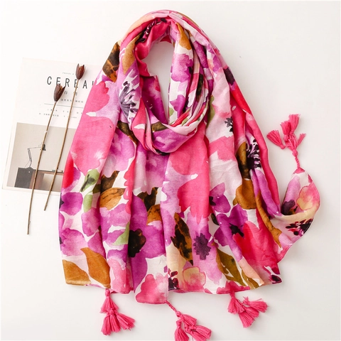 Sjaal Met Bloemenprint Omslagdoek Dames Zacht Polyester Katoen Gevoel Kwastje Groot Zonbescherming Vakantie Strand