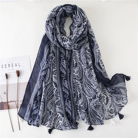 Paisley Printed Scarf Shawl Ethnic Style Tassel Fringe Lightweight Breathable Polyester Voile Wrap For Women