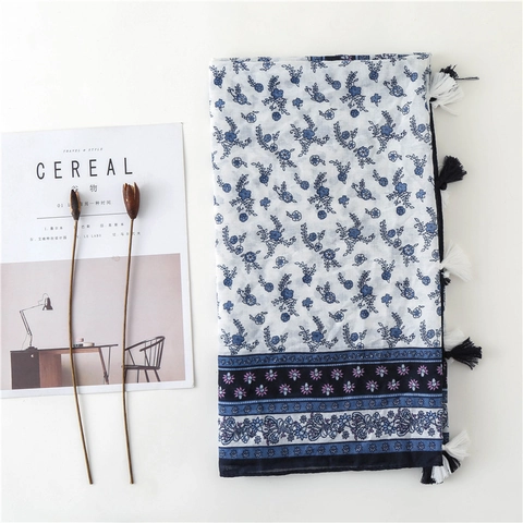 Blau Weiß Floral Print Schal Ethno Stil Leichter Polyester Schal Mit Quasten Fransen Für Damen