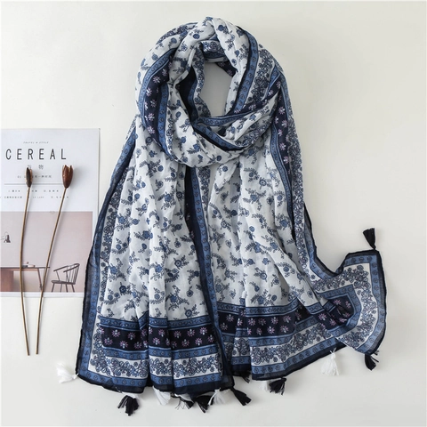 Blau Weiß Floral Print Schal Ethno Stil Leichter Polyester Schal Mit Quasten Fransen Für Damen