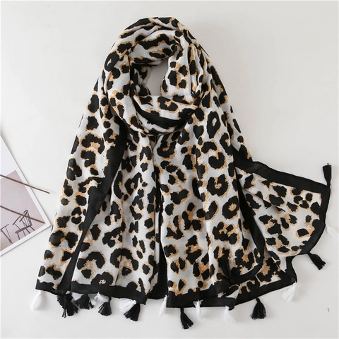 Leopardenmuster Polyester Schal Für Damen Langer Weicher Baumwolle Leinen Griff Warmer Schultertuch Mit Quasten Mode Accessoire