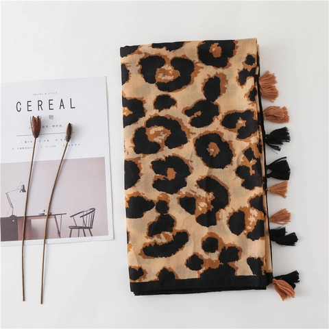 Leopardenmuster Schal Damen Mit Quasten Satin Baumwolle Leicht Lang Mode Wickeltuch