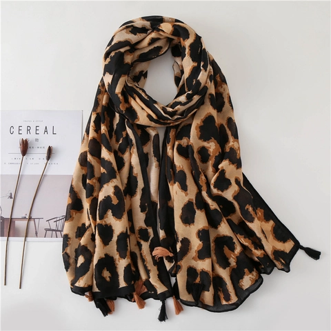 Leopardenmuster Schal Damen Mit Quasten Satin Baumwolle Leicht Lang Mode Wickeltuch
