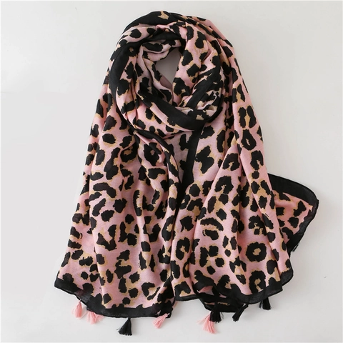 Leopardenmuster Polyester Schal Für Damen Langer Weicher Baumwolle Leinen Griff Warmer Schultertuch Mit Quasten Mode Accessoire